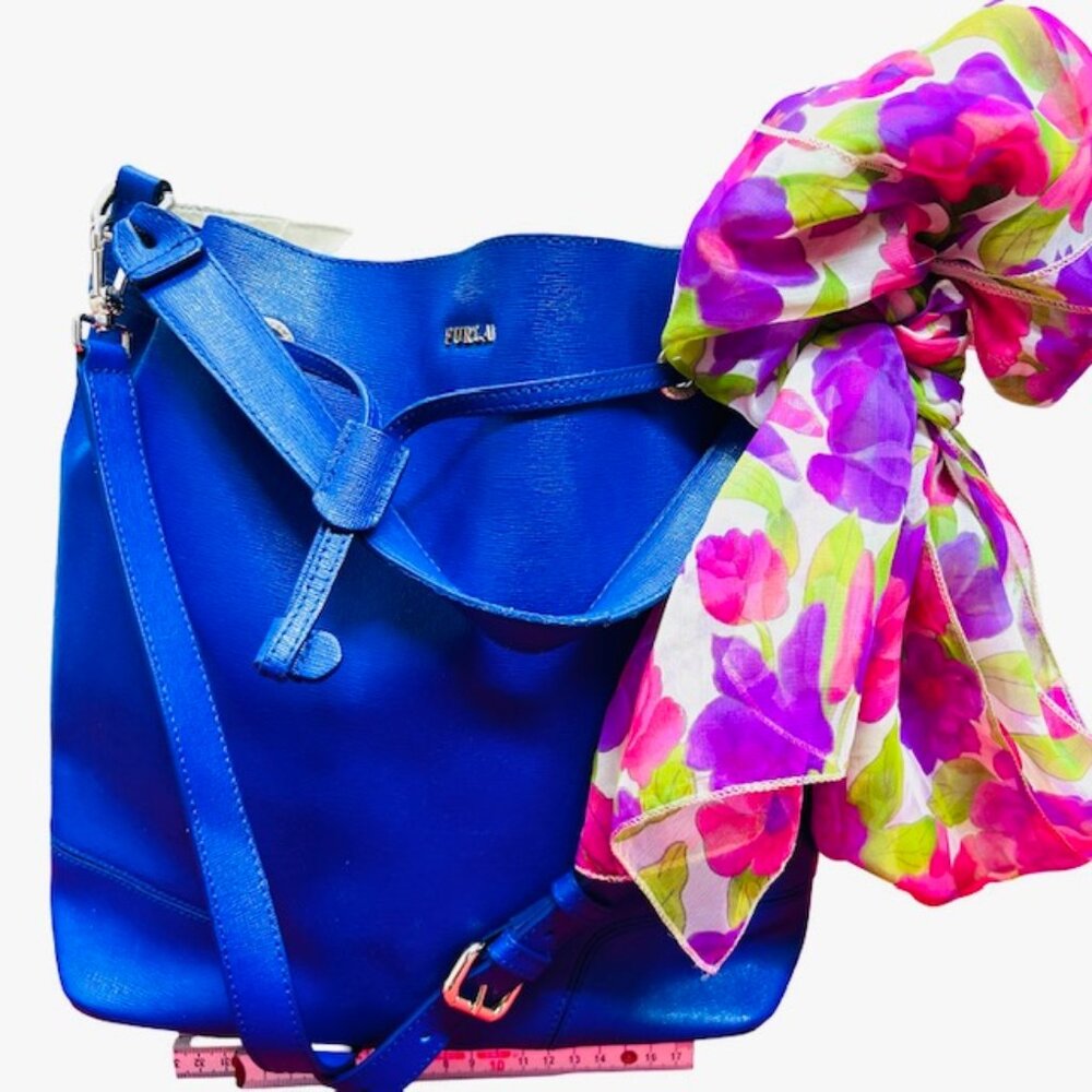 Furla Blue Leather Hobo Shoulder Bag 13"x4"x11" +FREE Chiffon Floral Scarf (40 - Picture 4 of 15